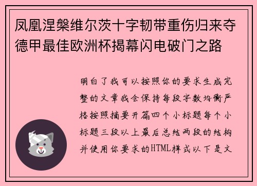 凤凰涅槃维尔茨十字韧带重伤归来夺德甲最佳欧洲杯揭幕闪电破门之路